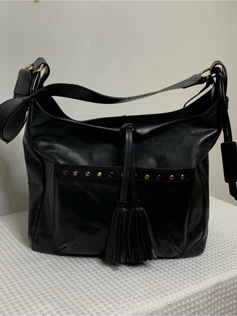 Dina True Gray Leather Shoulder Hobo bag with Tassel and bead accent